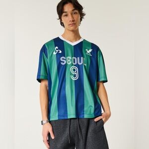 Hollister Green and Blue Striped Boxy Fit Jersey